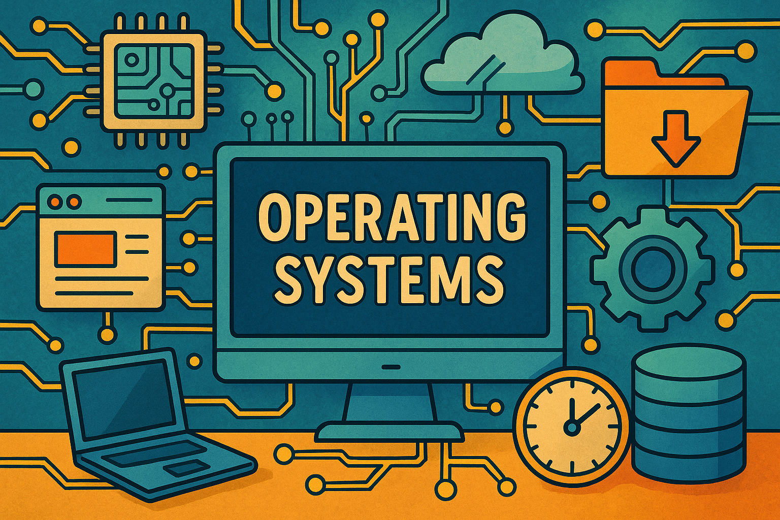 Illustration depicting various components of operating systems. A central computer monitor displays the text “OPERATING SYSTEMS.” Surrounding the monitor are icons representing a microchip, cloud storage, a folder with a download arrow, a gear, a database, a clock, a laptop, and a web browser window. Circuit lines connect all the elements, symbolizing system integration and digital connectivity. The color palette includes shades of blue, teal, and orange.